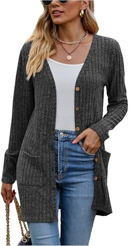 Famulily Cardigan à manches longues ouvert sur le devant pour femme, col en V boutonné, léger, avec poches