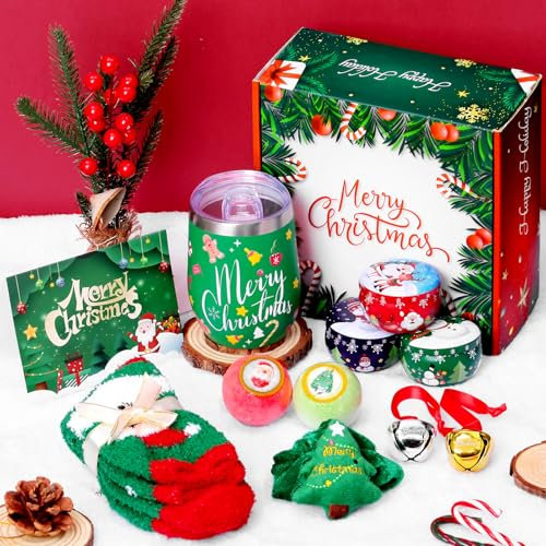 Geschenkset Frauen Weihnachten, Duftkerzen Badebomben Set Socken Thermosbecher Haarband Karte für Frau Freundin Mama Kleine Geschenke Geburtstag (Grün)