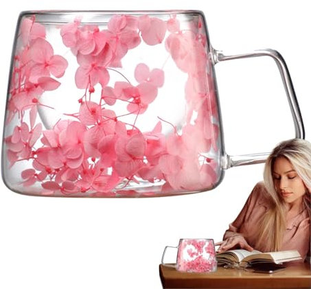 Taza de café con flores secas de doble pared, tazas de vidrio transparente con flores, taza de vidrio resistente al calor de 200 ml con asa, taza de flores creativas para café con leche, jugo de leche
