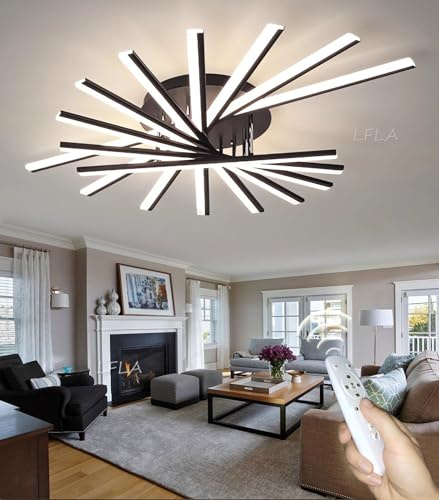 LFLA LED Deckenleuchte Dimmbar Deckenlampe 118W 9-Flammig Modern Groß Wohnzimmerlampe mit Fernbedienung Lichtfarbe Helligkeit Farbwechsel Schlafzimmer Wohnzimmer Led Deckenbeleuchtung 120cm (Schwarz)