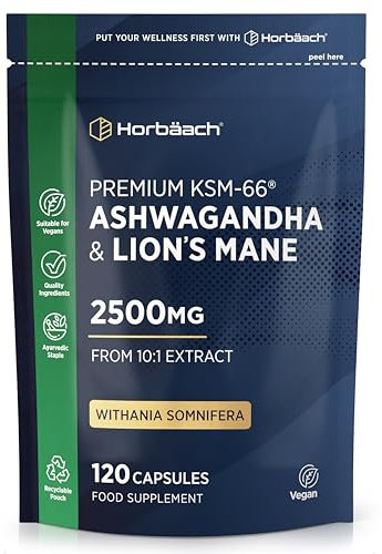 Ashwagandha KSM-66 and Lion's Mane 2500mg Capsules | KSM-66 Ashwagandha Root Extract & Lion's Mane Mushroom Extract, Enhanced with Black Pepper | 120 Vegan Capsules | Horbaach