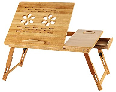 Klappbarer Betttisch aus Bambus für Laptop, neigbar, Computertisch mit einer kleinen Schublade, Laptoptisch für Bett, Höhe verstellbar (Holz, Blume, 66 x 35 x 30 cm)