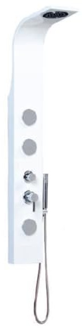 Sistema de ducha SNOW con columna de hidromasaje. Disfruta de una experiencia de spa en casa con 2 jets de masaje, ducha de mano cromada. Acabado en blanco, ideal para cualquier baño contemporáneo