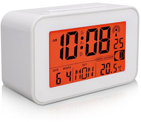FUFRE Digitalwecker, Funkwecker, Wecker Digital mit Zwei Weckzeiten, LCD-Display Wecker, Digitaler Funkwecker mit Uhrzeit/Datum/Wochentag/Temperatur/Mondbild/Schlummer Funktion, ohne Batterie (Weiß)