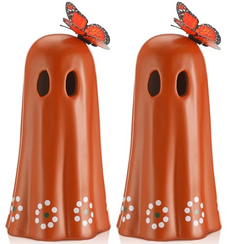 SiliFine 2 Pcs Day of The Dead Ceramic Mexican Ghost Figurine Dia De Los Muertos Terracotta Ghost Decor with Simulated Butterfly Decoration Mexican Halloween Table Decor for Home Shelf Office, 7 Inch