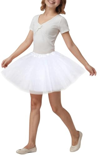 Girls Tutu Skirt 3 Layer Ballet Princess Skirt for Kids Toddlers Soft Dress Up Tulle Petticoat Underskirt for Daily Wear Dance Birthday Party Halloween Cosplay Costume (UK, Age, One Size, White)