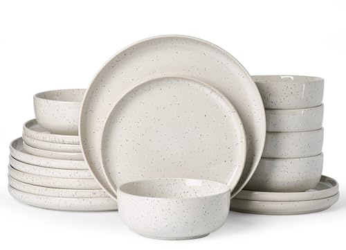 Famiware Meteor Plates and Bowls Sets, 18-Piece Stoneware Dinnerware Sets, Dishes Set for 6, Microwave and Dishwasher Safe Tableware, Creamy White