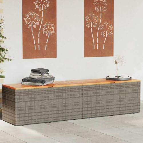 Hommdiy Gartentruhe Grau 220x50x54 cm Poly Rattan Akazienholz