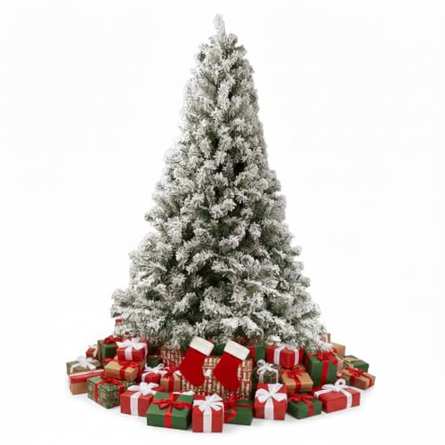 Albero di Natale Innevato 200 cm, Folto e Realistico, Albero di Natale Bianco di Alta Qualità con Innevatura Resistente, Rami a Gancio, Apertura a Ombrello, Ignifugo con Base in Metallo