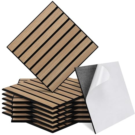 ISOISL 12er Set Akustikpaneele Holzoptik Wandpaneele Selbstklebende,Bohrfrei & Leicht Recyceltes Filz,Wandverkleidung als Schallschutz & Schalldämmung Akustikplatten 30x30 cm,Eiche