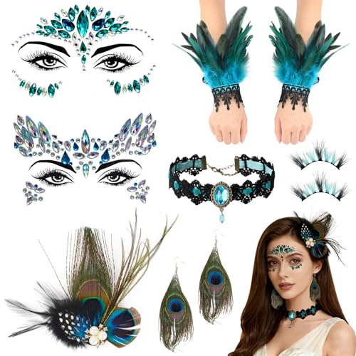 Pfau Kostüm Damen,Karneval Kostüm Damen, Pfauen-Kostüm Zubehör Set mit Federmanschetten, Strass-Gesichtsteine, Pfauen-Kopfschmuck, Wimpern, Ohrringe & Halskette für Karneval, Party & Faschingskostüm
