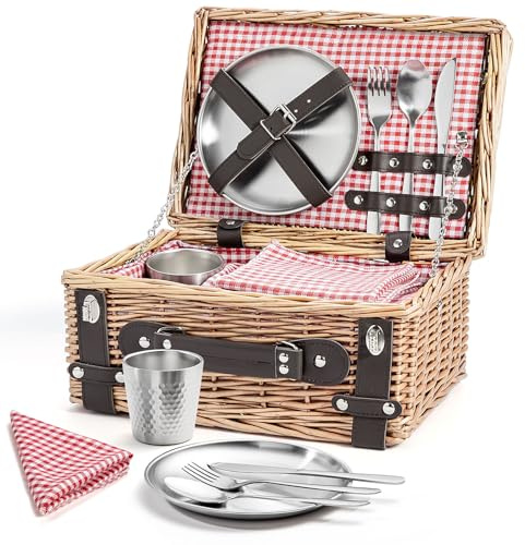 Weiden-Picknickkorb für 2 Personen, Weidenkorb mit Wasserfester Picknickdecke und Besteckset, Picknickkorb für Camping, Outdoor, Valentinstag, Weihnachten, Geburtstag, Hochzeit