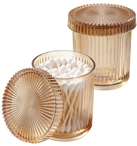 LUKDNEEY 2 Pack Qtip Holder Glass Jar with Lid, Bathroom Storage Organiser | Vanity Organiser for Cotton Swabs, Balls, Pads, Floss Picks