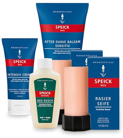SPEICK MEN Rasier Pflege Set Sensitiv für Männer – After Shave Balsam 100 ml + Rasierseife 2x50 ml + Intensiv Creme + Mini Deo Dusch – Nassrasur für sensible Haut – ohne Silikone Parabene Mineralöle