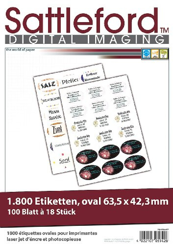 Sattleford Etiketten Aufkleber: 1800 Etiketten oval 63,5x42,3 mm für Laser/Inkjet (Bedruckbare Aufkleber, Kennzeichnungsmaterialien, rund)