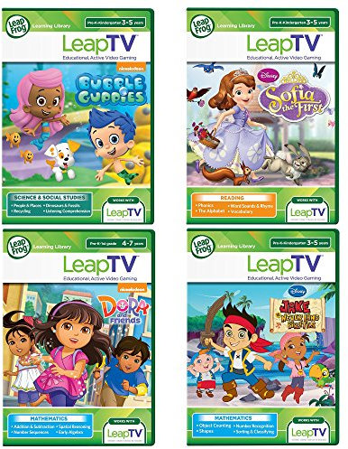LeapFrog LeapTV 4PC Learning Set: Bubble Guppies, Dora & Friends, Jake & the Neverland Pirates & Sofia the First Picnic Games.