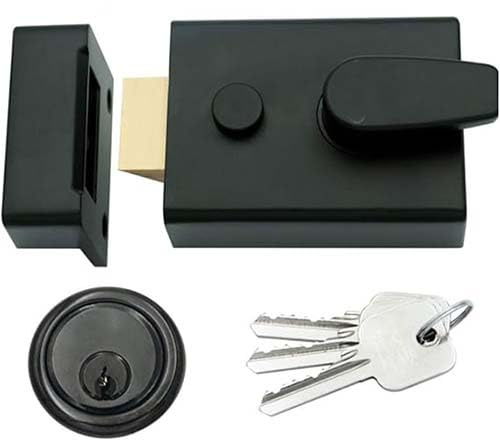 Yale Style Dead Locking Standard 60mm Night Latch High Quality Front Door Lock Rim Cylinder Assisted Nightlatch for External Doors, Complete with Rim Cylinder and 3 Keys (Powder Coated Black)