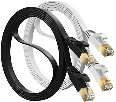 MutecPower 2m 2 Pack Cables de red Ethernet ULTRA PLANO CAT 7 con enchufes RJ45 Cable Delgado Patch LAN Latiguillo - Cables de 2 metros Negro y Blanco con bridas y clips