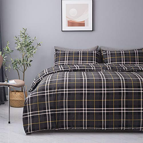 EDS Flannelette Duvet Cover 100% Brushed Cotton Tartan Check Flannel Thermal Winter Bedding Duvet Cover Set Luxury Super Soft With Matching Colour Pillow Cases - King Charcoal