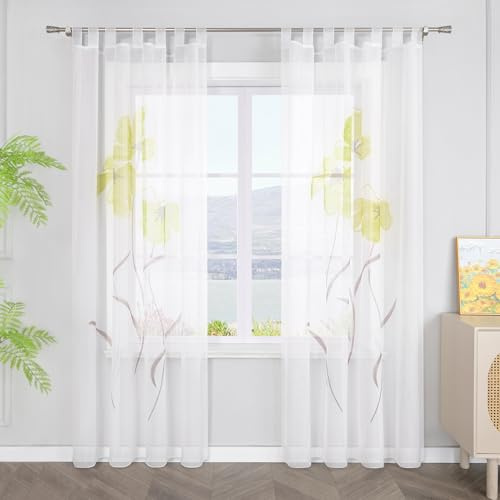 SCHOAL Gardinen mit Schlaufen Transparente Vorhänge Voile Fensterschal Modern Blumen Muster 1 Stück BxH 150x225cm Grün