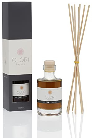 Doftolja orange – diffuser med pinnar – rumsdoft med eteriska oljor fruktig, moussande, söt, medelhavet – 100 % naturlig och ren – rumdofter med doftpinnar – rumsfräschare med apelsindoft (100 ml)