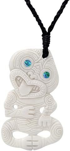 81stgeneration Hand-Carved Bone HEI-Tiki Pendant with Paua Shell Eyes - Spiritual Symbol Cord Surfer Necklace for Men - Women's Maori-Style Taonga Amulet - Unique Tribal Handmade Statement Jewellery