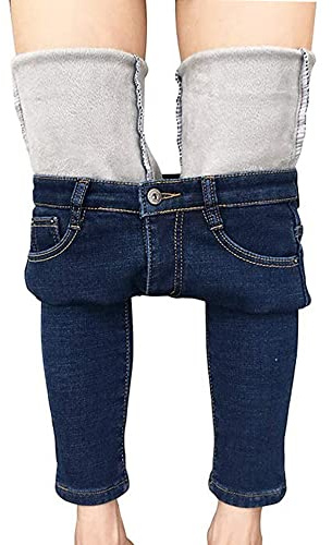 YILEEGOO Dam vinter fleece fodrade stretchiga jeggings hög midja smala jeans denim byxor, Mörkblått, XL