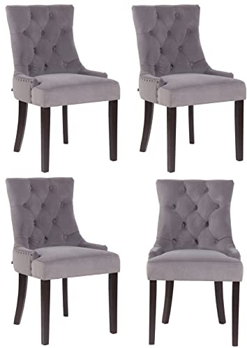 CLP Set 4 Poltrone Pranzo Aberdeen Stile Chesterfield in Velluto E Legno caucciù, Colore:Grigio, Colore del Telaio:Antico