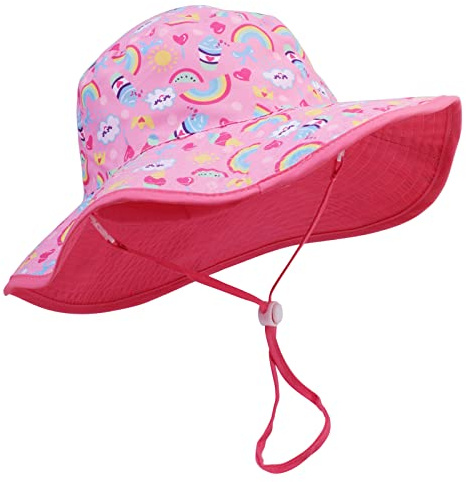 Jupsk Cappello da Sole Estivo per Bambini, Cappello da Sole per Bambini Cappello a Secchiello per Bambini a Tesa Larga con Cinturini Regolabili Cappello con Stampa Arcobaleno per Ragazze