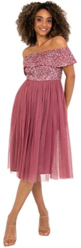 Maya Deluxe Ladies Bardot Dresses Women Midi High Empire Waist Sequins Embellished Formal Evening For Wedding Guest Vestido de Dama de Honor para Mujer
