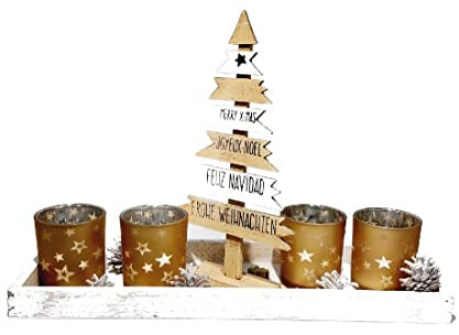 Decpero Adventstablett mit Deko 21-teilig I Holztablett 42cm I Kerzenhalter I Weiss Gold