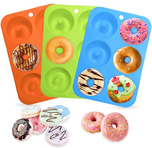 Stampo Ciambelline, 3 Pezzi Stampo Ciambella, Stampi per Dolci, Stampo Ciambella Silicone, 6 Cavità, 3 Colori Adatto per Ciambelle Torte Dessert(Verde + Arancio + Blu)