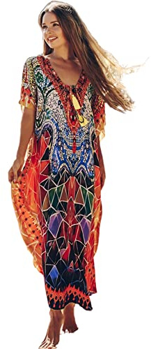 Jarseila Donna Copricostume Boho Caftano Kaftan Mare Maxi Lungo Estivo Beachwear Sarong Pareo Abito da Spiaggia Vestito de Spiaggia 2025