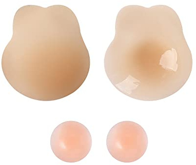 Osynlig BH Silikon Klistermärke Bröstvårtor Stickers Axelbandslös Tryck Upp Återanvändbara Bekväma Andningsbara BH Band med 2st Bröstvårtöverdrag för off-back klänning, Beige, L
