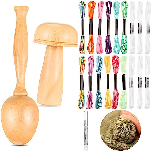 Crowye 2 Stück Stopfzubehör-Set Stopf-Ei für Socken, Stopfpilz, Holz-Stopfzubehör mit großem Öhr, Nähgarne für Socken, Kleidung, Erwachsene, Stopfen, DIY, Handwerk, Heimnähpflege