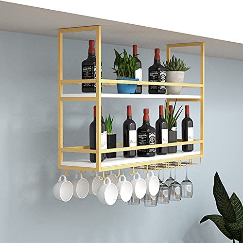 URBERY Deckenregal, goldenes hängendes Weinregal, 2-stöckiges industrielles Schweberegal mit Leitplanke, große Kapazität, Lagerregal für Küche/Bar/Restaurant/Büro, 31 Zoll hoch/100 x 30 x 80 cm