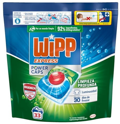 WIPP EXPRESS Power Caps Higiene y Antiolores Detergente en Cápsulas para Lavadora, 33 Dosis, Limpieza Profunda, Eficaz en agua fría
