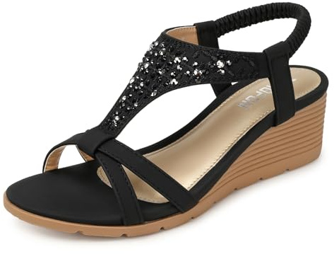 TEMOFON Sandals for Women Wedge Dressy: Summer Open Toe Dress Sandal Comfortable Casual Low Platform Beach Shoes Black Size 7