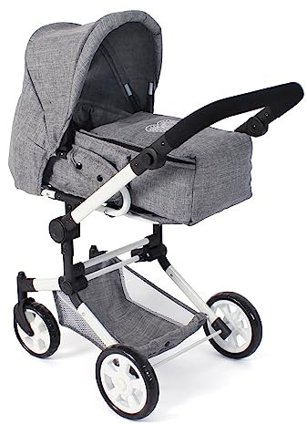 Bayer Chic 2000 - Puppenwagen Jara, 2in1 Kombipuppenwagen mit herausnehmbarer Tragetasche, Puppenkinderwagen für Kinder von 4 bis 8 Jahren, Jeans grau