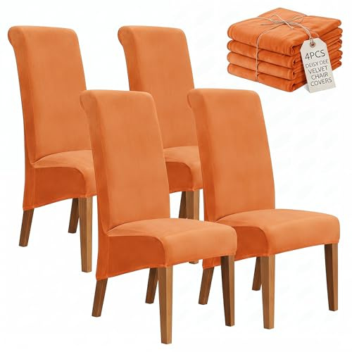 Deisy Dee Stretch XL/Oversized Extra Large Velvet Dining Room Chair Covers for Kitchen Dining，Removable Washable Chair Protectors Slipcovers (Orange, 4)