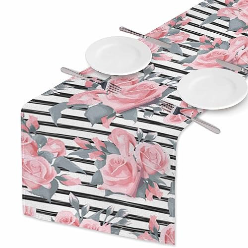 HOSNYE Tischläufer mit rosa Rosensträußen mit Streifen, Baumwollleinen, Tischläufer, Dekoration für Küche, Familie, Abendessen, Tisch, Urlaub, Party, Bauernhaus-Stil, 33 x 183 cm