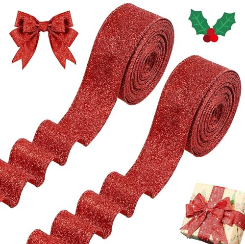 Geschenkband Weihnachten, 2 Roll Weihnachtsbänder für Bastelarbeiten, 20 Yards Geschenkband Rot, Weihnachten Deko Schleifenband, Weihnachten Dekoband für Geschenk Weihnachtsbaum Dekoration