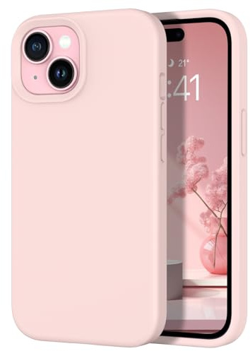 DOMAVER Liquide Coque en Silicone iPhone 15, Anti-Rayures Étui Microfibre Doublure, Housse de Protection Case Antichoc, Coque Fine iPhone 15, Rose Craie