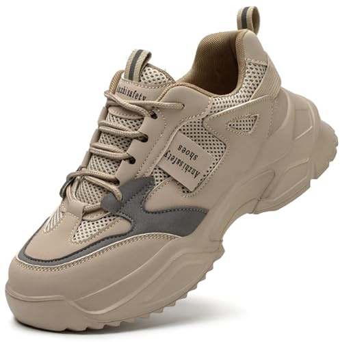 Micoklinlin Zapatos de trabajo para mujer, zapatos de seguridad, ligeros, con puntera de acero para mujer, con rayas reflectantes, Caqui Reflectante, 34 EU