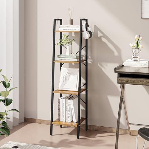 Hzuaneri Bücherregal, Standregal, Leiterregal, Regal, offenes Standregal für Arbeitszimmer, Wohnzimmer, Schlafzimmer, Küche, Industrie-Design, 4 Ebenen VintageBraun BC13201B