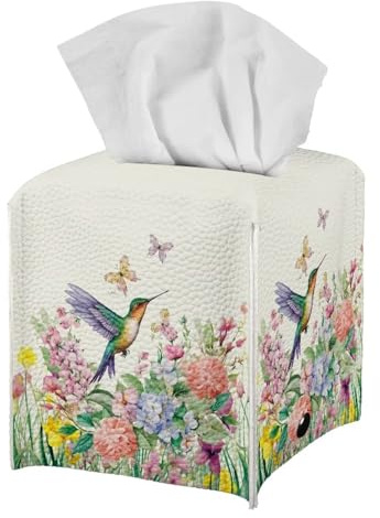 DISNIMO Hummingbird Spring Tissue Box Holder Refined Modern PU Leather Square Tissue Box Cover Dispenser with Metal Button Modern Tissue Case for Home Office Car Automotive Decor