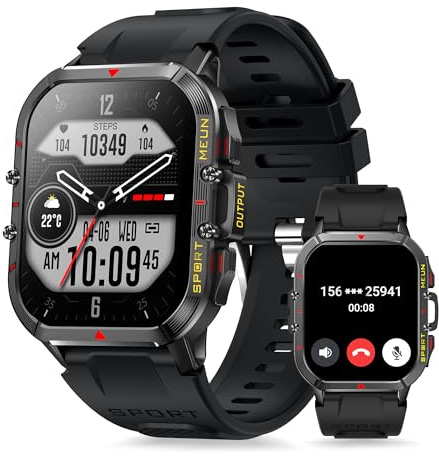 Smartwatch Män Bluetooth Samtal, 1,96 Fitness Militär Smart Watch 102 Mode Spor Stegräknare Hjärtfrekvensmätare Blodtryck Sömn Vattentät Smart Watch för Android IOS(Svart)