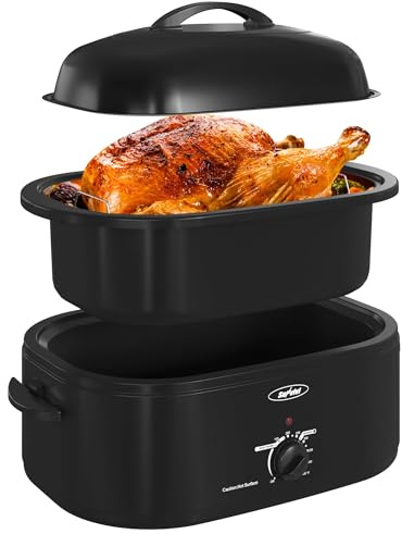 Royalcraft Roaster Oven with Self-Basting Lid, 18qt Electric Roaster with Removable Pan & Rack, Turkey Roaster Oven with Defrost & Warm Function, Stainless Steel, Black