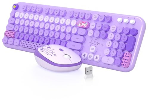 MOFII Teclado y mouse inalámbricos, 104 teclas redondas, bonito teclado y mouse coloridos de tamaño completo con máquina de escribir retro para PC/Mac/portátil/tableta/computadora/Windows/Morado