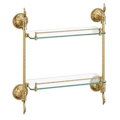 Belle Arti Luxus Wandregal Glasregal Badregal Badablage Glasplatte 1- oder 2-stöckig mit Halterung aus Messing Vintage in Gold Optik - Wandmontage - pflegeleicht und rostfrei (2-Etagen)